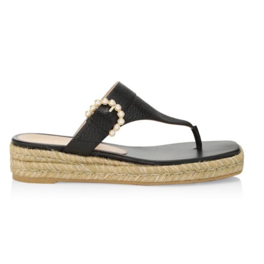 Stuart Weitzman 7 Pearl Buckle Espadrilles Thong Sandal black leather